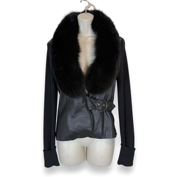 Cache Black Leather Dressy Blazer Jacket Detachable Fox Fur Trim Collar Medium - Picture 5 of 16